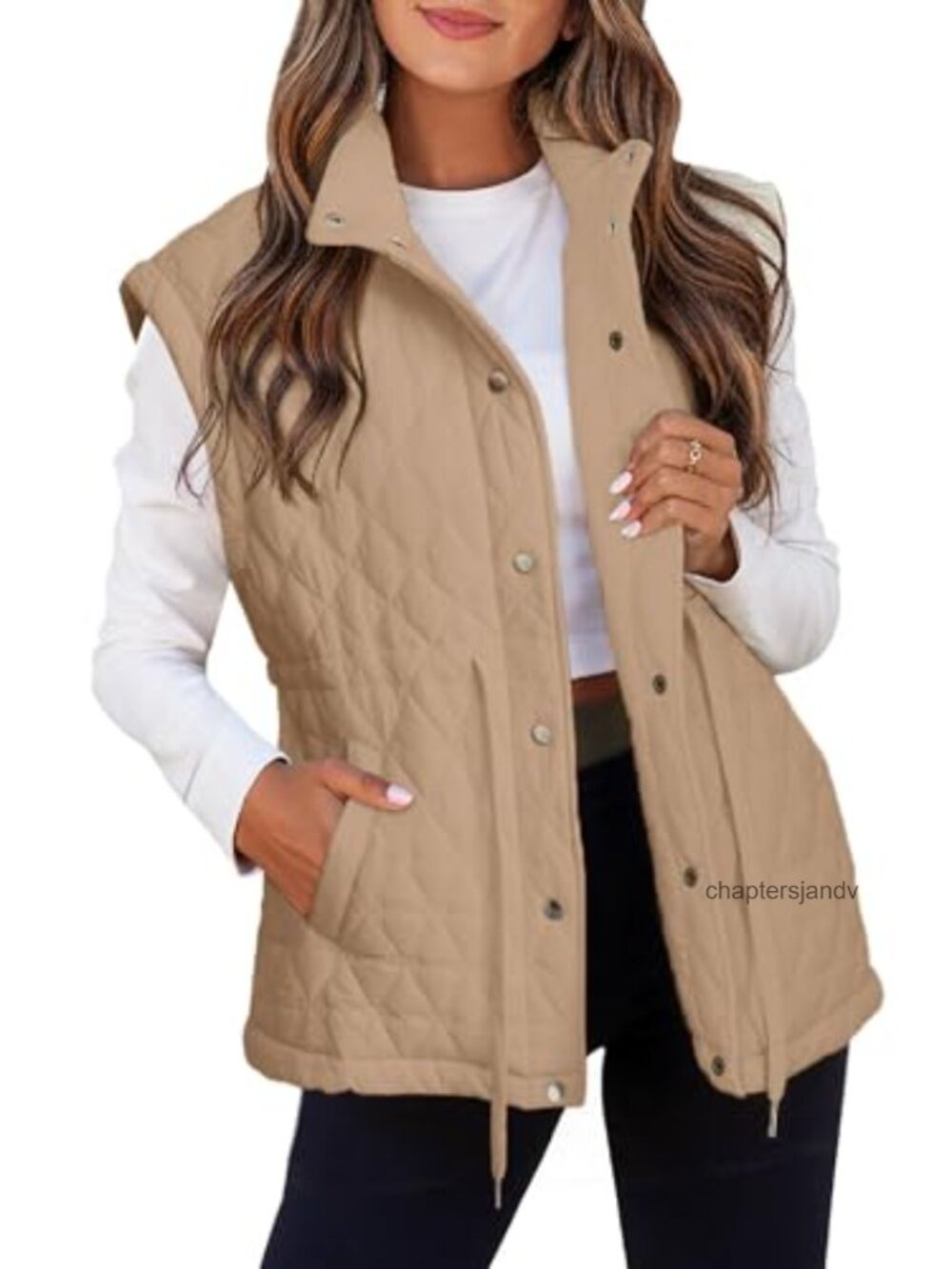 Lightweight Quilted Puffer Vest Sleeveless Snap Button Drawstring Waist